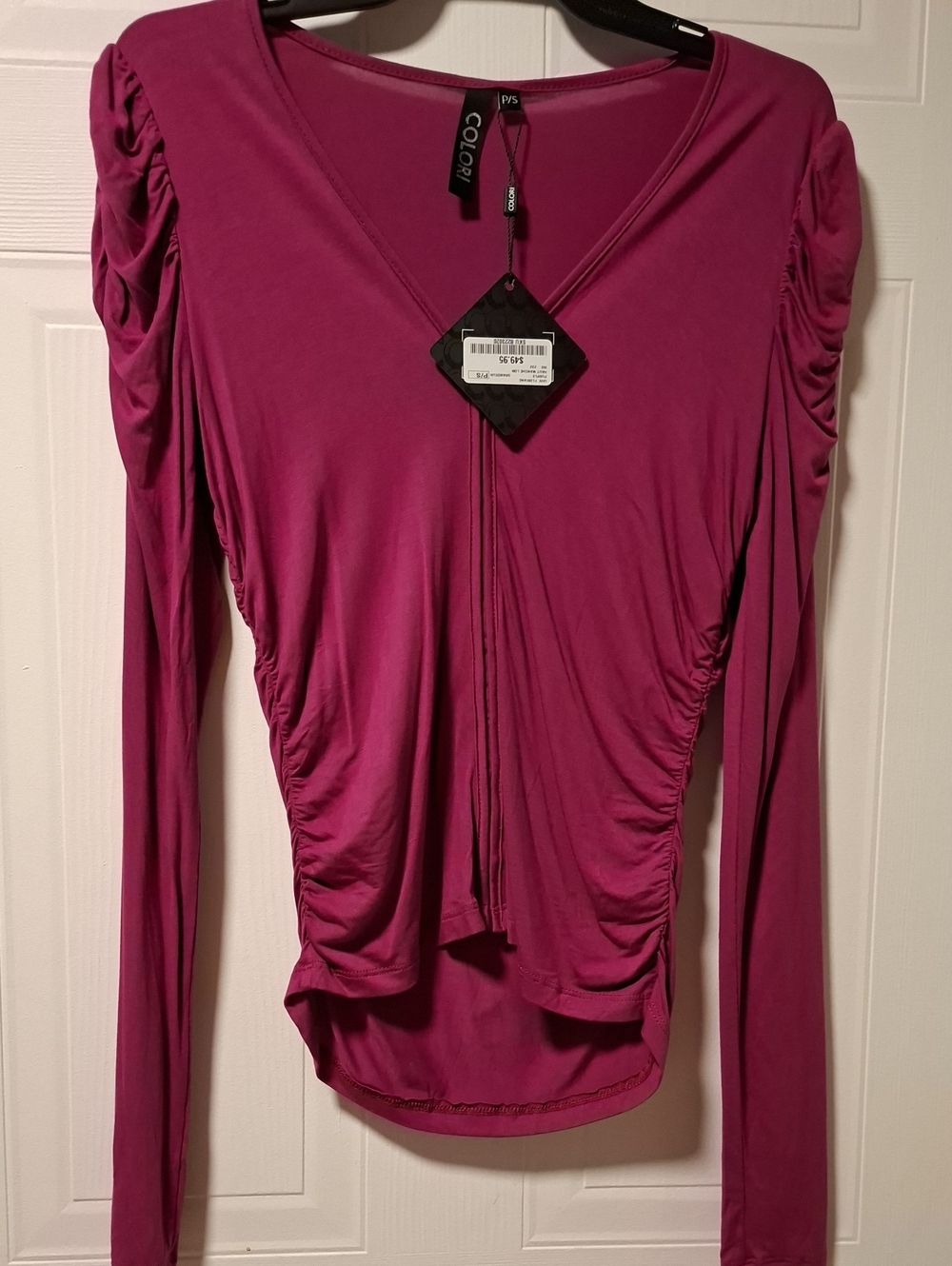 NWT Women’s Long-Sleeve Ruched V-Neck Top - Magenta